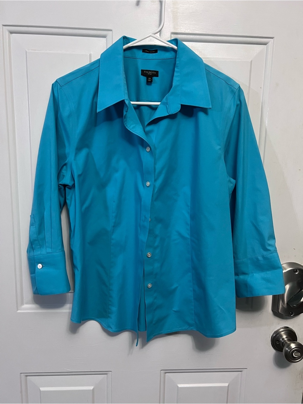 Talbots Petites 12P Teal Wrinkle Resistant Cotton Stretch Button Front Shirt